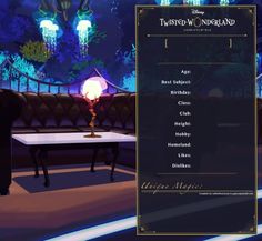 the menu for twisted - tale wonderland is displayed in front of a table with a lamp on it