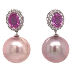 Diamond Pink Sapphire Pink Freshwater Pearl 2.32 Carat 18 Karat White Gold | From a unique collection of vintage Drop Earrings at https://www.1stdibs.com/jewelry/earrings/drop-earrings/. Luxury Pink Round Diamond Earrings, White Gold Drop Earrings, Pink Pearl Earrings, Different Jewelry, Vintage Drop Earrings, Noble Lady, White Tennis Shoes, Pink Gem, Gem Earrings