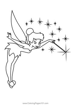 the tinkerbell is flying through the sky with stars in her hand coloring page