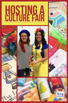 two women standing next to each other in front of a poster with the words hosting a culture fair