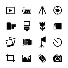 various black and white icons on a white background, including camera, flash drive, tripod