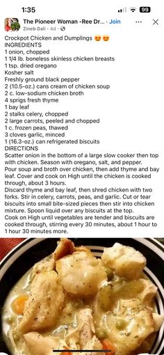 the recipe for this chicken and dumpling soup is shown