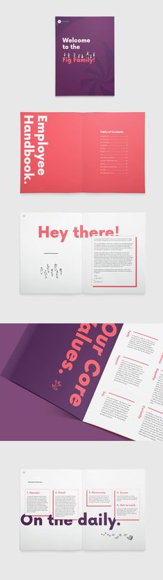 three different types of brochures with the same colors and font on each side