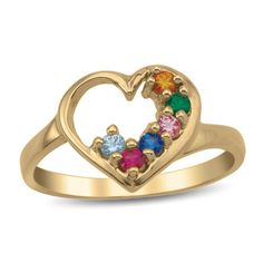 You don't need a special occasion to treat Mom to this fabulous Personalized family ring - it's the perfect anytime gift she'll adore. Crafted in your choice of silver or gold, this feminine design is centered with an open polished heart adorned along the inside with the one to seven round birthstones you select. Buffed to a brilliant luster, this sweet and stylish keepsake is sure to be instantly cherished. Sterling silver rings cannot be resized after purchase. 14k Gold Heart Ring With Birthstone, Yellow Gold Rings For Birthday Or Valentine's Day, Mother's Day Heart-shaped Jewelry With Accent Stones, Valentine's Day Heart Ring With Birthstone, Heart-shaped Yellow Gold Birthstone Ring, Open Heart Anniversary Jewelry With Prong Setting, Anniversary Open Heart Jewelry With Prong Setting, Valentine's Day Yellow Gold Multi-stone Jewelry, Yellow Gold Multi-stone Jewelry For Valentine's Day