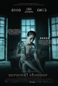 the movie poster for personal shopper with a woman sitting on a chair in front of a window