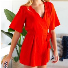 Coral Colored Nwt Jun & Ivy Romper. Cute Scalloped V Neck With Tie. Red V-neck Jumpsuit And Romper, Red Relaxed Fit Jumpsuits And Rompers For Summer, Red Relaxed Fit Jumpsuit For Summer, Summer V-neck Fitted Jumpsuits And Rompers, Red Solid Color Jumpsuits And Rompers For Spring, Fitted V-neck Jumpsuits And Rompers For Summer, Red Jumpsuits And Rompers For Summer, Red Solid Color Jumpsuits And Rompers For Summer, Spring Red Jumpsuits And Rompers For Brunch