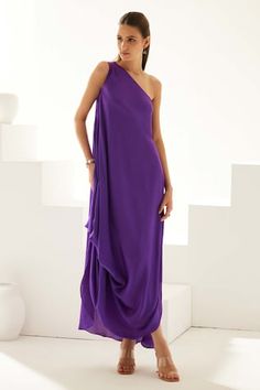 Purple one-shoulder draped maxi dress crafted from modal fabric, Fit: Relaxed One Shoulder Pre-draped Maxi Dress, Summer Asymmetrical Maxi Dress With Draped Sleeves, Pre-draped One Shoulder Maxi Dress For Summer, Summer Pre-draped One Shoulder Maxi Dress, Summer One Shoulder Pre-draped Maxi Dress, One-shoulder Pre-draped Maxi Dress For Summer, Drape Maxi Dress, Draped Midi Dresses, Fashion App