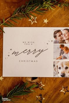 a christmas card with two photos on it and stars in the background, next to evergreen branches