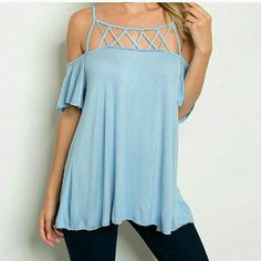 Lattice Cold Shoulder Tee, Baby Blue. This Tee Is So Soft And Comfy!! The Tee Features A Lattice Cold Shoulder Design With A Relaxed Fit. Soft Jersey Made From 96%Cotton And 4% Spandex. Made Proudly In The Usa!! Blue Short Sleeve Summer Tops, Chic Blue T-shirt For Summer, Stretch Light Blue Beach Top, Light Blue Stretch Tops For Beach, Light Blue Stretch Top For Beach, Stretch Light Blue Top For The Beach, Light Blue Stretch Top For The Beach, Blue Short Sleeve Tops For Day Out, Blue Stretch Blouse For Day Out