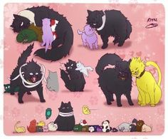 several different types of cats on a pink background