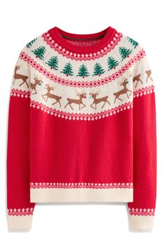 The Fair Isle design goes full-on holiday in this bright and festive crewneck sweater knit with intarsia Christmas trees and reindeer. Crewneck Long sleeves Ribbed cuffs and hem 44% polyamide, 36% wool, 15% cotton, 5% alpaca Machine wash, line dry Imported Cute Christmas Sweaters, Cranberry Christmas, Fair Isle Jumper, Fair Isle Pullover, Jewelry Beauty, Cute Christmas Sweater, Reindeer Sweater, Christmas Knit, Holiday 2024