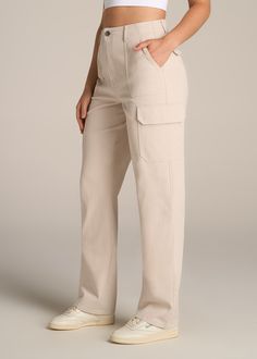 About Our Straight Leg Cargo Chino Pants for Tall Women The style and utility of a cargo pant meets an extra-long inseam on these chinos for tall women. Designed specifically for ladies from 5’9 to 6’6, they have a high rise and a straight leg that creates a modern, flattering fit. These women’s tall pants are made with stretch-infused cotton that’s been pre-washed and shrinkage controlled to make sure the silhouette stays perfect. Store everything you need for a day on the go with plenty of poc Beige Wide Leg Cargo Pants With Cargo Pockets, Wide-leg Cargo Style Work Pants, Beige Wide Leg Cargo Pants With Pockets, Beige Workwear Bottoms With Patch Pockets, Full-length Cargo Pants For Workwear In Spring, Full Length Cargo Pants For Workwear In Spring, Khaki Wide-leg Bottoms With Flap Pockets, Khaki Wide Leg Bottoms With Flap Pockets, Beige Workwear Pants With Flap Pockets