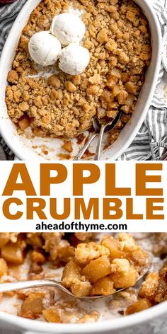 an apple crumble in a white dish with spoons