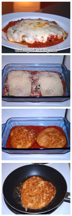 three different pans filled with food on top of a stove