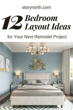 a bedroom with blue walls and white bedding is featured in the magazine 12 bedroom layout ideas for your next remodel project