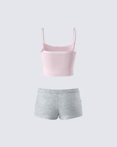 A little rot & chill moment has never looked cuter 🎀 Featuring a pink bow cami top and a pair of heather gray mini shorts, this two-piece set is the cozy and cheeky set of your dreams 😌 Cute Pink Tank Top For Loungewear, Pink Short Set For Loungewear, Black Off Shoulder, Bow Set, Graphic Top, White Jersey, Mini Shorts, Pocket Pants, White Mini Dress