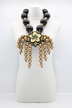 Recycled Wooden Beads With Carved Flower And Gold Beads Tassel Necklace - Jianhui London Wooden Bead Necklaces, Beaded Tassel Necklace, Code Black, Jewelry Making Ideas, Beaded Tassels, Beads Necklace, Gold Beads, Wooden Beads, Tassel Necklace