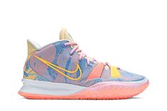 The Nike Kyrie 7 Preheat ‘Expressions,’ one of four launch colorways of Kyrie Irving’s seventh signature shoe, features a colorful design inspired by the athlete’s appreciation for art and creative expression. The open mesh upper reveals a multicolor pattern resembling brushstrokes, while the tongue is finished in a neutral tan hue that mimics a black canvas. On the heel overlay, a Basquiat-like crown sits atop ‘HF’ embroidery, short for ‘Happy Family.’ Womens Basketball Shoes White, Mix Match Basketball Shoes, Cute Nike Basketball Shoes, Cute Womens Basketball Shoes, Pretty Basketball Shoes, Pastel Basketball Shoes, Basketball Shoes Women's Nike, Bright Volleyball Shoes, Colorful Nike Basketball Shoes