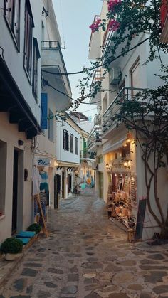 an alley way with shops and buildings on both sides, in the middle of town