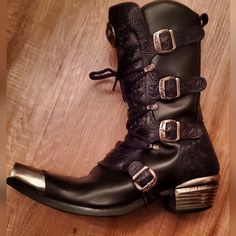 New Rock Boots, A Little Too Big For Me. Only Downside Is The Heel Will Need To Get Resoled Soon. Gothic Cowboy Boots, Goth Cowboy Boots, Mexican Cowboy Boots, Punk Cowboy, New Rock Shoes, Goth Cowboy, Cowboy Fashion, New Rock Boots, Rock Boots