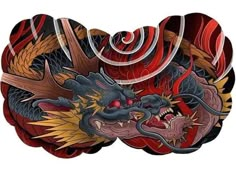 two dragon heads with red, yellow and black swirls on their faces are depicted in this artistic illustration