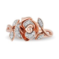 10K rose gold Belle rose ring with 17 round brilliant cut diamonds weighing approximately 1/10 ct. tw. Part of the Enchanted Disney Fine Jewelry CollectionThe heart, like a rose, blossoms when loved | Enchanted Disney Belle 1/10 ct. tw. Diamond Rose Ring | 10K Rose Gold Quince Jewelry, Disney Ring, Mens Wedding Rings Vintage, Disney Rings, Rose Jewellery, Enchanted Disney, Enchanted Disney Fine Jewelry, Diamond Signet Ring, Cute Engagement Rings