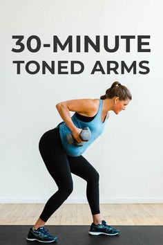 a woman is doing an exercise with dumbbells in front of a sign that reads 30 - minute toned arms