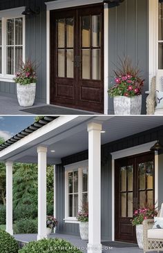 three pictures of the front and side of a house with flowers in pots on the porch