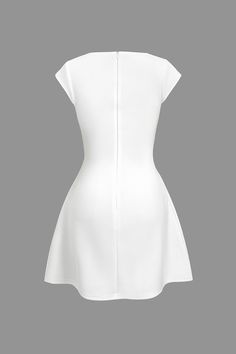 Indulge in the timeless elegance and effortless style of our A&A Square Collar Short Sleeve A-line Mini Dress. Crafted with a solid and loose fit design, this dress features a high waist and exquisite A-line silhouette that is sure to turn heads. Elevate your wardrobe with this must-have piece that exudes sophistication and class. Elegant A-line Mini Dress With Pleated Waist, Feminine A-line Dress With Flattering Silhouette, Chic A-line Dress With Pleated Waist, White A-line Dress With Back Zipper, Casual A-line Dress With Back Zipper, Solid Knee-length Lined Dress, Elegant Plain Party Dress, Feminine A-line Pleated Mini Dress, Plain Solid Midi Dress