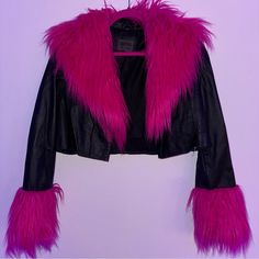 Black Leather Jacket Hot Pink Faux Fur Vintage Unique One Of A Kind Fitted Pink Leather Jacket For Winter, Pink Leather Jacket For Winter, Fitted Pink Outerwear With Faux Fur Trim, Cropped Leather Jacket, Pink Faux Fur, Pink Jacket, Black Leather Jacket, Black Crop, Hot Pink