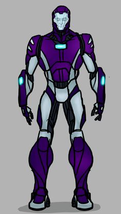 a purple and white robot is standing in front of a gray background with blue lights