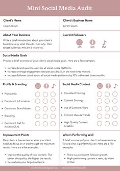 the social media checklist is shown in pink and white