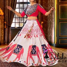 White and pink Navratri Chaniya Choli Indian Traditional Outfit Garba Lehenga Garba Night Lengha Ready to wear garba Dress for Navratri wear Lehenga (Stitched) Lehenga Fabric : rayon Lehenga Work : Printed Work Lehenga Waist : Support Up To 42  Lehenga Closer : Drawstring With Zip Length : 40 Flair : 7.5 Meter Blouse (Stitched) Blouse Fabric : Viscose rayon (Semi Stitched) Blouse Work : thread embroidered with all over mirror work Blouse Size : upto 42 bust and waist Dupatta Dupatta Fabric : Vis