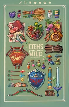 a poster with some items on it and the words items of the wild written below