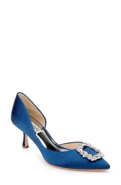 blue high heel shoes with crystal buckles on the toe and heels in satin fabric