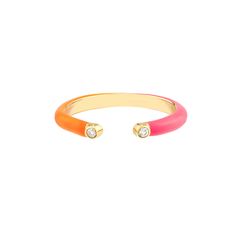 From the day into the night, we're loving this 3pt Diamond Cuff Ring. The half pink enamel combined with orange enamel is the perfect combination. Available in 14K Yellow Gold Orange and Pink Enamel Diamond Color: G-H / Clarity SI1 Benefits of Solid 14k Gold Jewelry Most loved for its durability and longevity Can be worn daily and requires less maintenance and care than plated, vermeil, or silver jewelry Sweat/water resistant so you can take your beloved pieces with you no matter the occasion Wi Crisscut Diamond, Diamond Cuff Ring, Gold Rings Stackable, Cuff Ring, Into The Night, Geometric Ring, Ring Collection, Cuff Rings, Pink Enamel