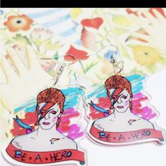 Bowie Ziggy Stardust Be A Hero Acrylic Earrings On Silver Hypoallergenic Hook. New From Boutique Ziggy Stardust Earrings, David Bowie Aladdin Sane, Bowie Aladdin Sane, Bowie Ziggy Stardust, Aladdin Sane, Flamingo Earrings, Wedding Studs, Pink Studs, Ziggy Stardust