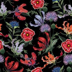 a black background with red and purple flowers