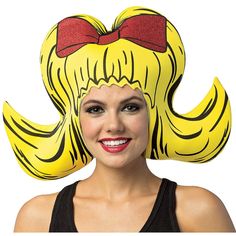 Oversized 50's bouffant wig-styled hat with bow printed on wig. Slips over entire head. Foam. One size fits most adults. Care Instructions: Hand wash cold water with mild soap. For best results hang or lay flat to dry. Bouffant Wig, Selfie Corner, Foam Costume, Foam Wig, Foam Wigs, Cartoon Costumes, Retro Hats, Wig Hat, Theme Halloween