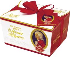 a red and white box with a bow on the top that says, die sterner moscatti lagero