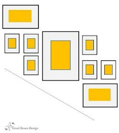 a white wall with yellow squares on the bottom and one square in the middle is shown