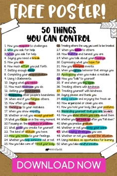 a poster with the words freeposter 50 things you can control on it and an arrow