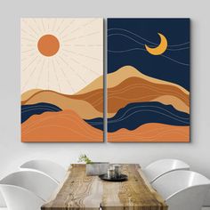 two paintings on the wall above a dining room table