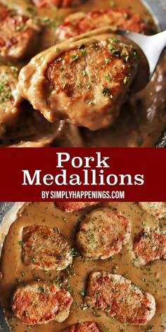 pork medallions with gravy in a skillet