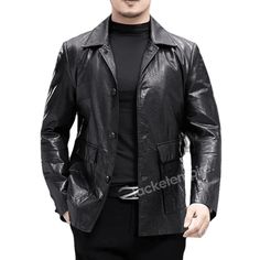 This stylish black leather jacket is the perfect choice for those who want to channel their inner Rocky Balboa. Made from high-quality leather, it features a sleek design that exudes confidence and attitude. The jacket is adorned with a classic collar and is complemented by the addition of sunglasses, adding a touch of mystery to the overall look. Whether you're hitting the streets or attending a social gathering, this Rocky Balboa-inspired leather jacket is sure to make a statement and elevate Casual Leather Biker Jacket With Lapel Collar, Leather Single Breasted Biker Jacket For Fall, Fall Leather Single Breasted Biker Jacket, Single Breasted Leather Biker Jacket For Fall, Trendy Fitted Leather Jacket With Lapel Collar, Leather Biker Jacket With Lapel Collar For Fall, Fall Leather Biker Jacket With Lapel Collar, Leather Single Breasted Biker Jacket, Sleek Leather Outerwear With Pockets