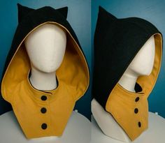 two images of a mannequin wearing a yellow and black jacket with a hood