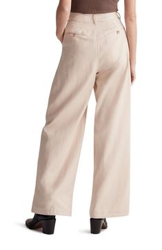 Made of a drapey Tencel® lyocell, cotton and linen blend, these straight-leg pants have sailor-inspired button tabs at the pleated high waist. A cool pick for your back-in-the-office needs. 29" inseam; 23" leg opening; 12" front rise; 14" back rise (size 8)   48% Tencel lyocell, 33% cotton, 19% linen   Tencel lyocell is a sustainably produced fiber made with closed-loop processing   Machine wash, tumble dry   Imported Chic Relaxed Fit Pants With Button Closure, Summer Wide Leg Straight Pants With Button Closure, High Waist Wide Leg Pants With Button Closure, Summer Straight Leg Wide Pants With Button Closure, Relaxed Fit Wide Leg Pants With Button Closure, Relaxed Fit Pants With Button Closure For Daywear, Cotton Bottoms With Button Closure For Daywear, Linen Bottoms With Button Closure For Work, Chic Solid Linen Wide Leg Pants