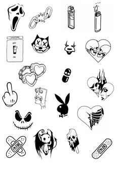 various stickers are shown in black and white