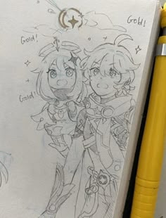 a pencil drawing of two anime characters next to a pen and paper with writing on it