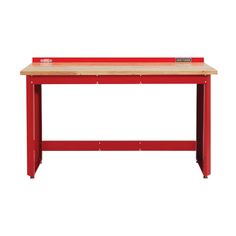 a red workbench with a wooden top